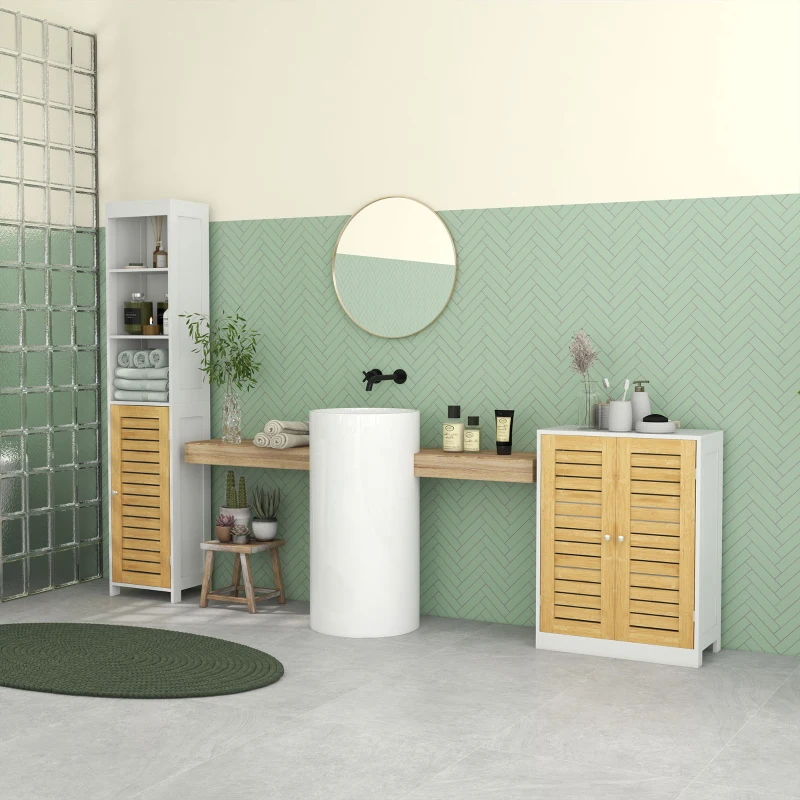 kleankin kleinkin Badezimmerschrank Badkommode, einstellbare Einlegeböden, Doppeltür aus Bambus, weiß+holzfarben, 60 x 30 x 80cm