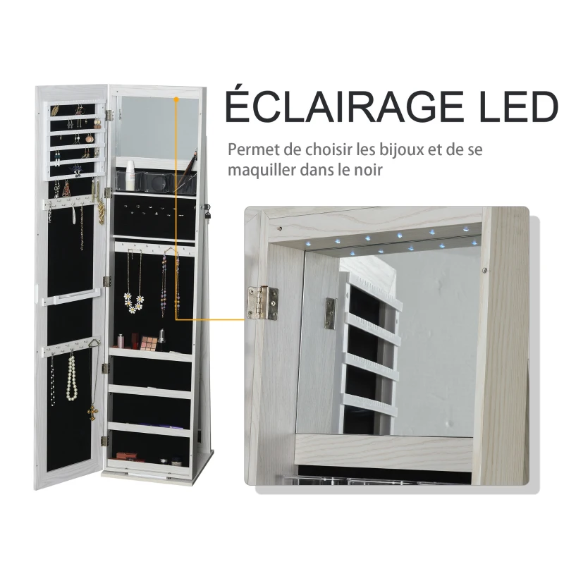HOMCOM Armoire à Bijoux avec Miroir sur Pied Multi-rangements éclairage LED Blanc dim. 38L x 38l x H157 cm
