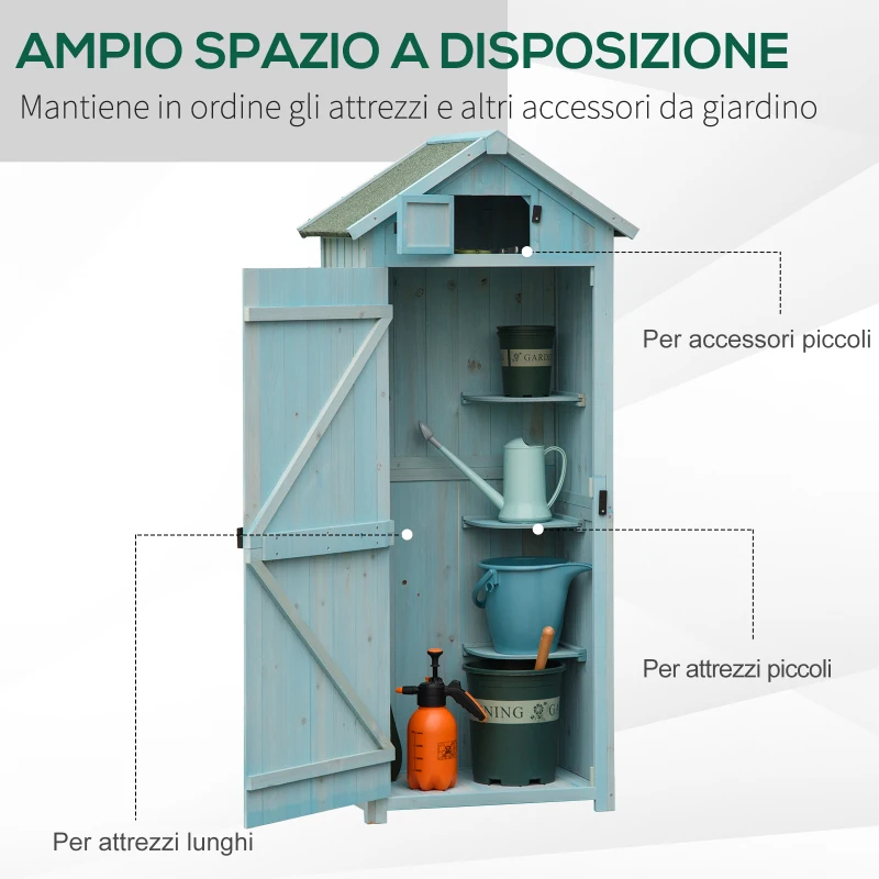 Outsunny Casetta da Giardino Porta Attrezzi in Legno con 3 Ripiani, 77x54.2x179cm, Blu