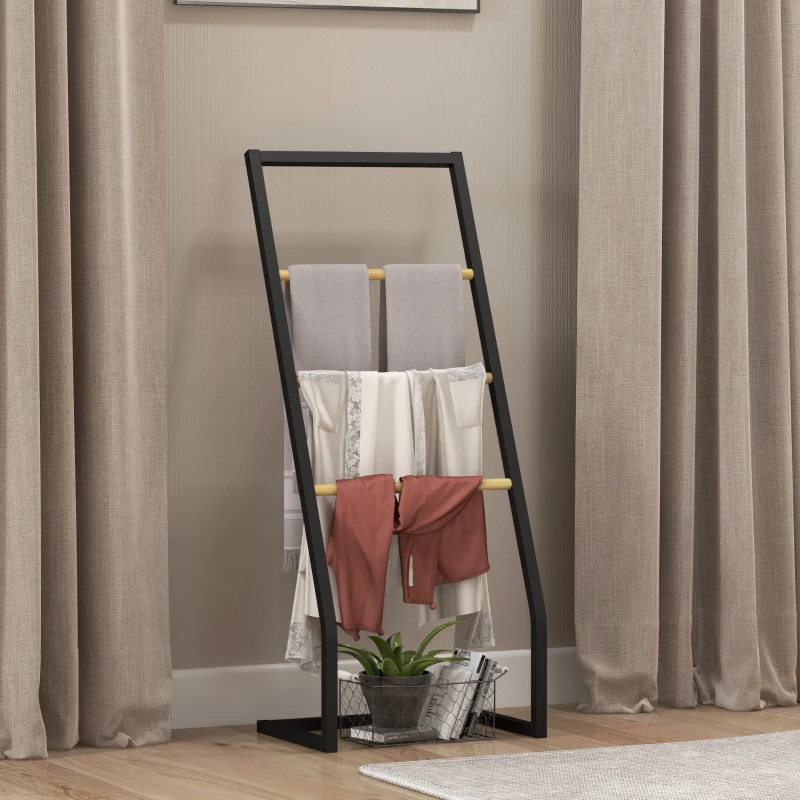 HOMCOM Portasciugamani a 4 Sbarre in Acciaio e Bambù, 40.5x28x98cm, Nero e color Legno