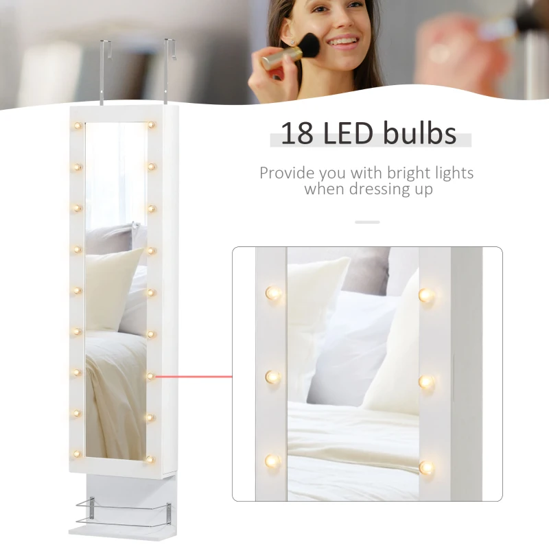 HOMCOM Jewellery Cabinet Armoire, Lockable Wall-Mounted Storage Organiser, Door Hanging with Hooks Shelves Drawer 18 Lights Brush Holder Vanity Makeup, White