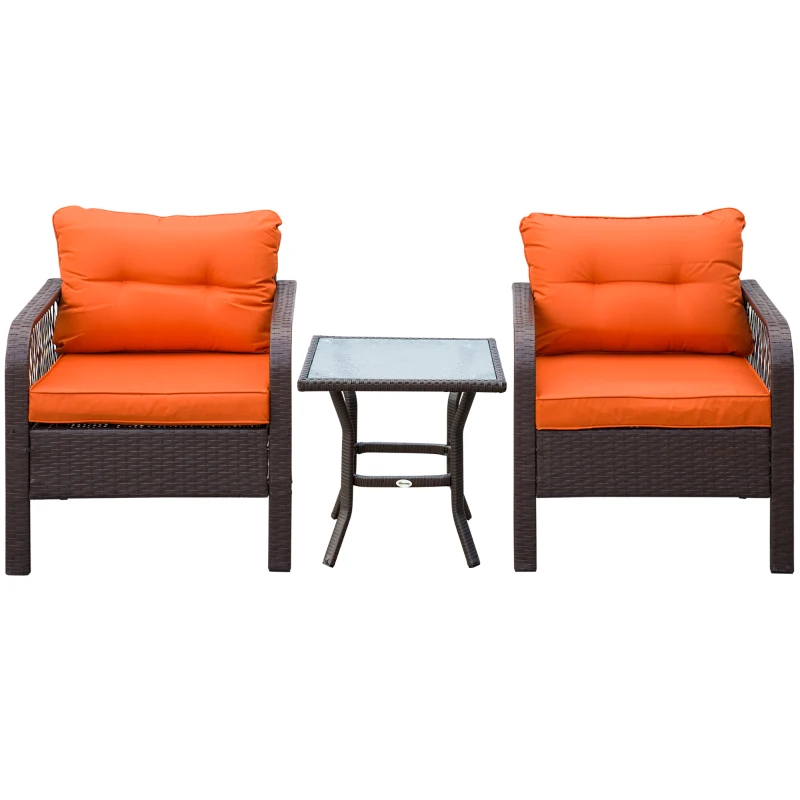 Outsunny 3 Pieces Rattan Bistro Set with Glass Top Coffee Table, Chairs and Cushions for Outdoor, Patio, Balcony, Orange
