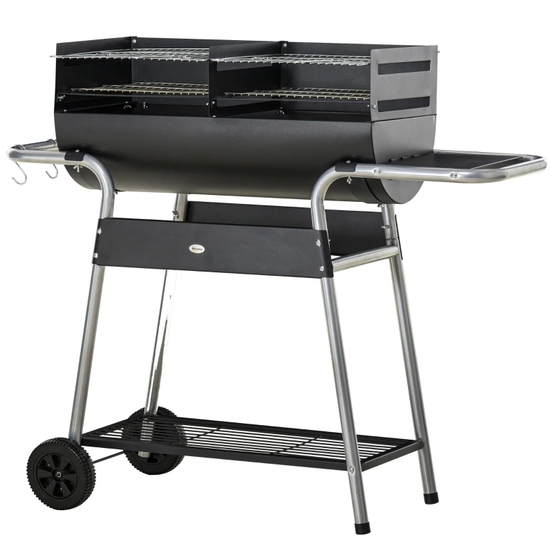 Outsunny Charcoal Barbecue Grill BBQ Trolley with Double Grill, Adjustable Grill Height, Side Table, Storage Shelf, and Wheels for Outdoor Cooking, 130 x 51 x 111cm, Black