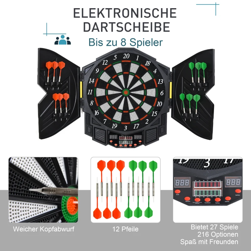 SPORTNOW Elektronische Dartscheibe Dartboard mit Sprachansagen Englische Stimme LED-Anzeigen 12 Darts 27 Spiele 216 Varianten Dartautomat mit Türen Dartscheibe Set für bis zu 8 Spieler