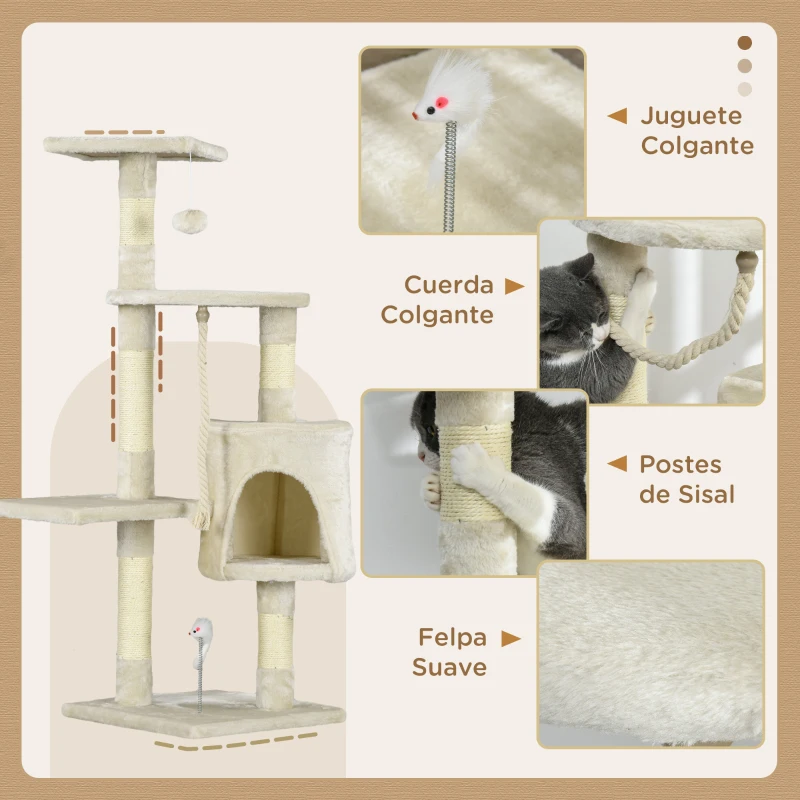 PawHut Rascador para Gatos Altura 116 cm Árbol para Gatos Torre de Escalada con Postes Rascadores de Sisal Cueva Plataformas y Juguetes Divertidos Colgantes Beige