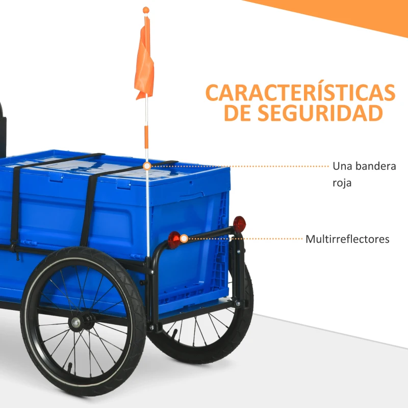 HOMCOM Remolque para Bicicleta de Carga con Caja de Almacenamiento Plegable Mango Ajustable Carga 40 kg Capacidad 65 L Azul