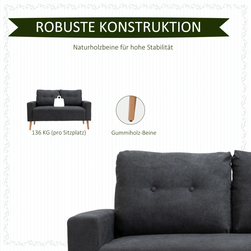 HOMCOM Sofa, 2-Sitzer, skandinavisches Design, hoher Komfort Relaxsessel mit Armlehne, Gummiholzbeine, Dunkelgrau, 145x76x88 cm