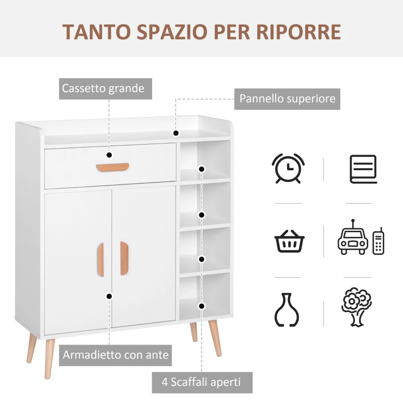 HOMCOM Credenza Moderna con Armadietto e Cassetto, Mobile Multiuso in Legno per Cucina e Salotto, 80 x 29.5 x 96cm Bianco
