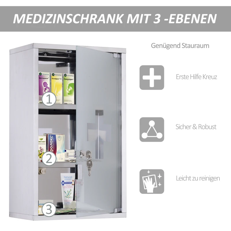 HOMCOM Medizinschrank Arzneischrank aus Edelstahl, Abschließbar Medikamentenschrank mit 3 Fächern, Glastür Apothekerschrank zur Medikamenten-Aufbewahrung, 30 x 18 x 50 cm