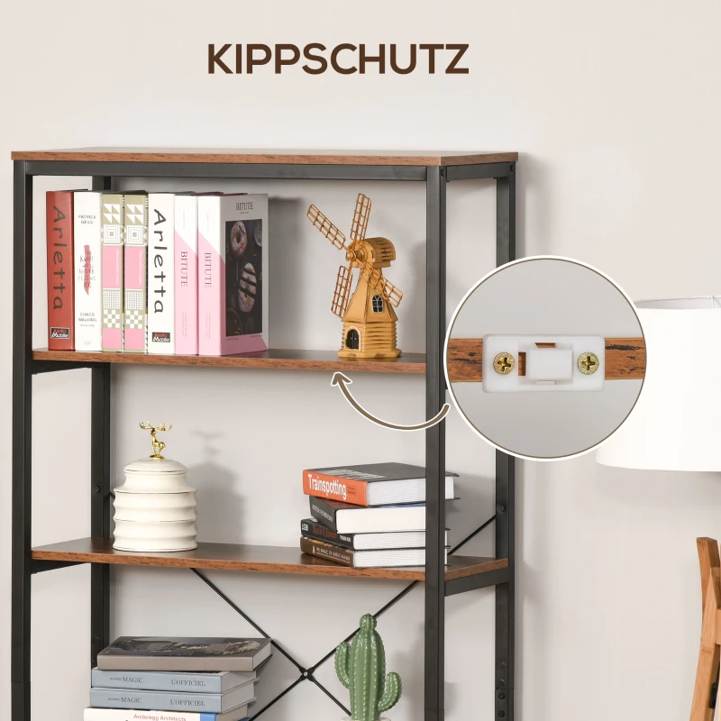 HOMCOM Bücherregal mit 5 Fächer, Standregal, Industriestil, Wohnzimmer, Schlafzimmer, Büro, E1 Spanplatte, Braun, 80 x 30 x 180 cm