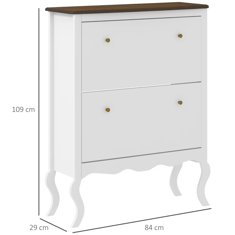 HOMCOM Zapatero Estrecho con 2 Cajones Abatibles Estantes Ajustables para 16 Pares de Zapatos 84x29x109 cm Blanco