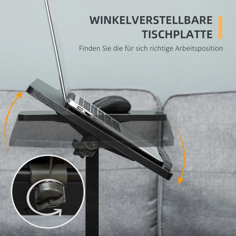 HOMCOM Mobiler Beistelltisch Laptop Ständer mit Rädern Laptoptisch Höhenverstellbar drehbarer Beistelltisch für Büro Wohnzimmer Schwarz 58 x 34 x 72-90 cm