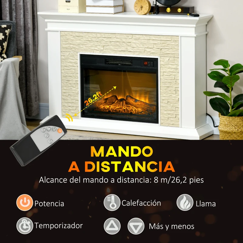HOMCOM Chimenea Eléctrica con Calefacción 1800W Efecto de Llama con Control Remoto Temporizador 120x24x80 cm Blanco