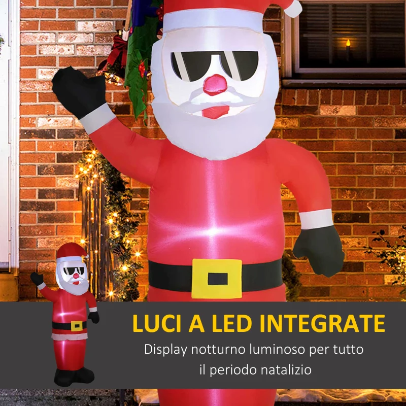 Outsunny Babbo Natale Gonfiabile con Occhiali da Sole, Luci LED e Gonfiatore Incluso, 89x44x178cm