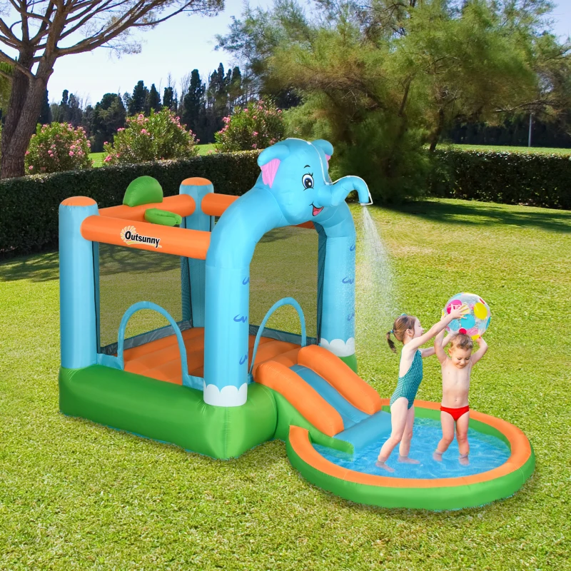 Outsunny 4 in 1 Elephant-Themed Inflatable Water Park, Kids Bouncy Castle, for Ages 3-8 Years - Multicoloured