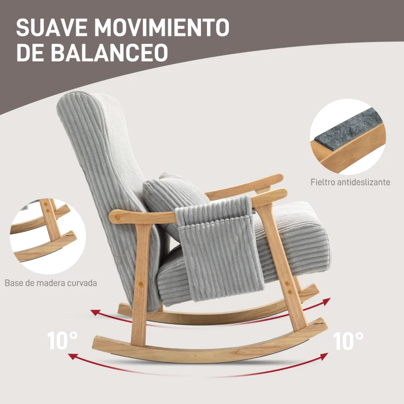 HOMCOM Silla Mecedora de Pana con Patas y Reposabrazos de Madera de Caucho Cojín Lumbar y Bolsillo Carga 120 kg Gris