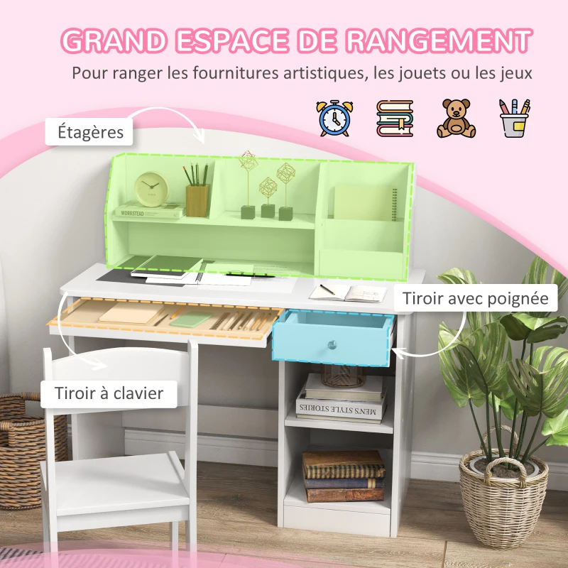 ZONEKIZ Bureau enfant avec chaise ergonomique avec clavier coulissant tiroir niches et étagères ouvertes 90 x 45 x 90 cm blanc