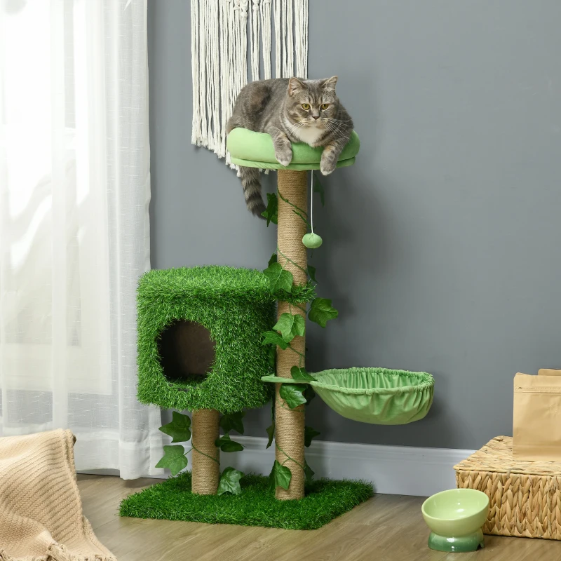 PawHut Árbol Rascador para Gatos 91 cm con Caseta Cama Hamaca Poste de Yute y Bola Colgante 50x40x91 cm Verde
