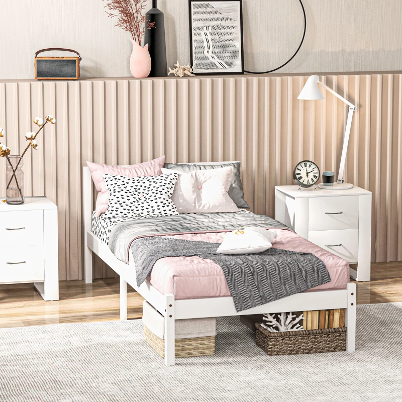 HOMCOM Einzelbettgestell, Kopfteil & Lattenrost, 26cm Freiraum unter Bett, Kiefernholz, 208x96x70 cm, Weiß