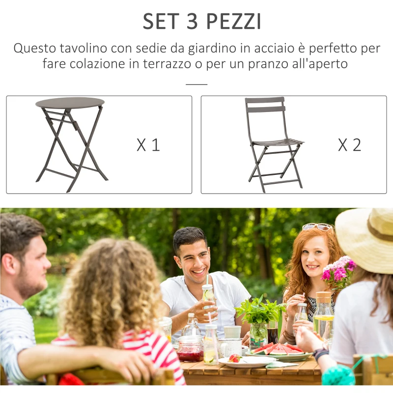 Outsunny Tavolino con Sedie da Giardino Pieghevoli in Acciaio Marrone, Set 3 Pz per Balcone, Terrazzo, Esterno
