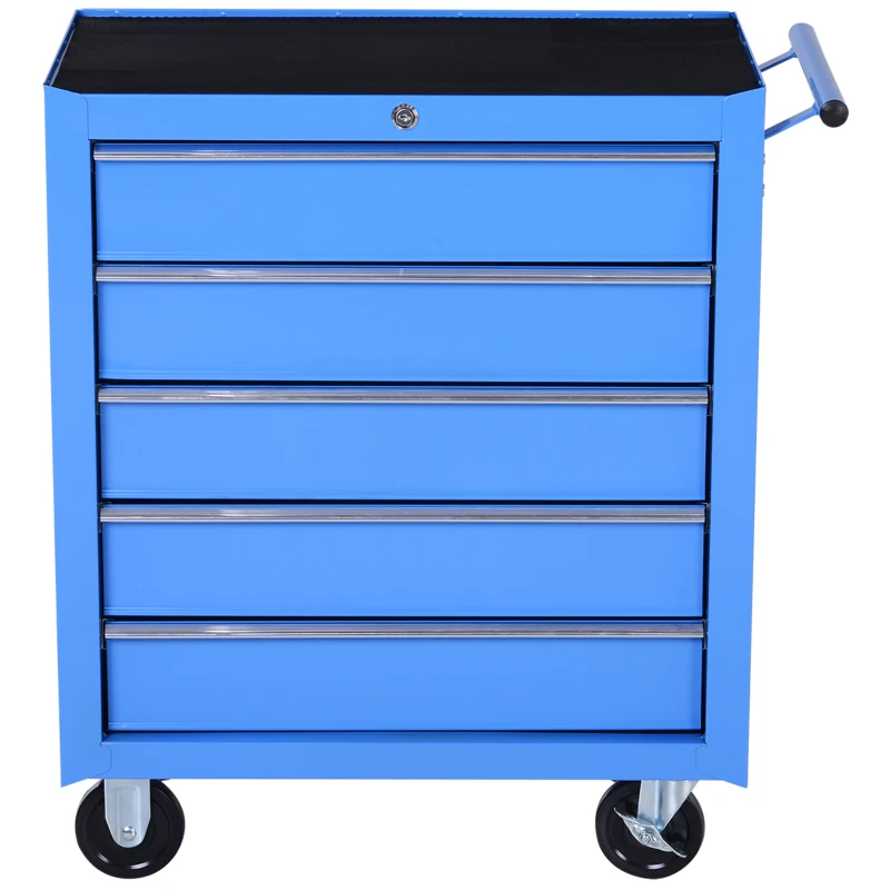 HOMCOM Carrello da Officina a 5 Cassetti con Ruote in Metallo Blu, 67.5x 33 x 77cm