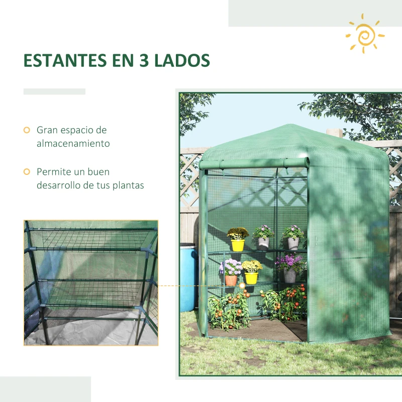 Outsunny Invernadero de Jardín Hexágono 194x194x215 cm Vivero Casero con 6 Estantes Puerta Enrollable y Marco de Acero Galvanizado para Cultivos Plantas Macetas Flores Verde