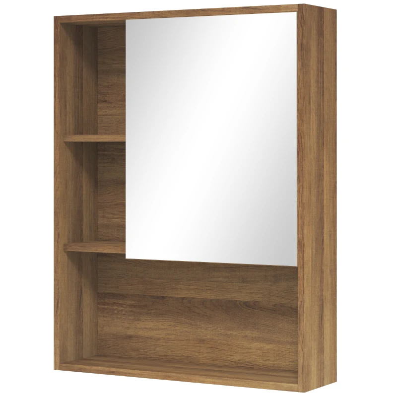 kleankin Armadietto Bagno con Specchio, Ripiani e Scaffale Regolabile, Montaggio a Parete, 60x15x76cm, Noce