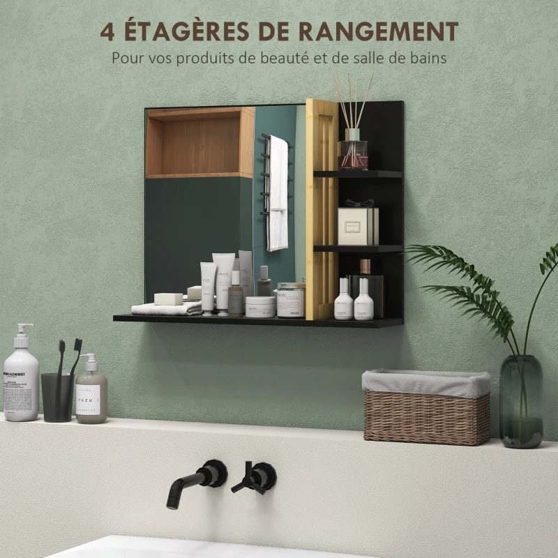 HOMCOM Miroir mural de salle de bain avec étagères de rangement - 3 étagères latérales + 1 étagère inférieure - bois de bambou