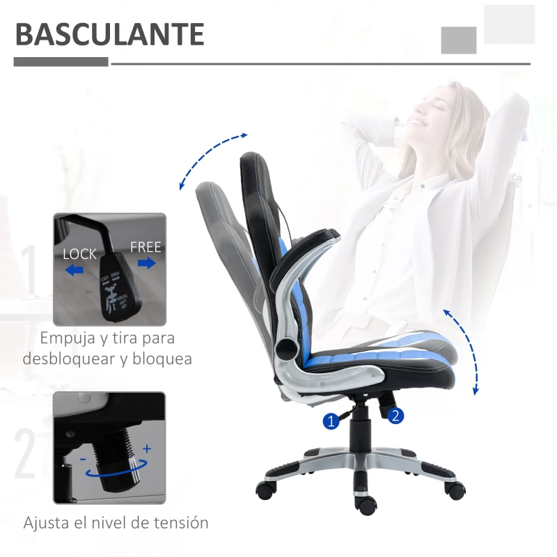 HOMCOM  Silla de Juego Escitorio Silla Giratorio de Ordenador para Jóvenes Ergonómica Regulable con Ruedas Azul