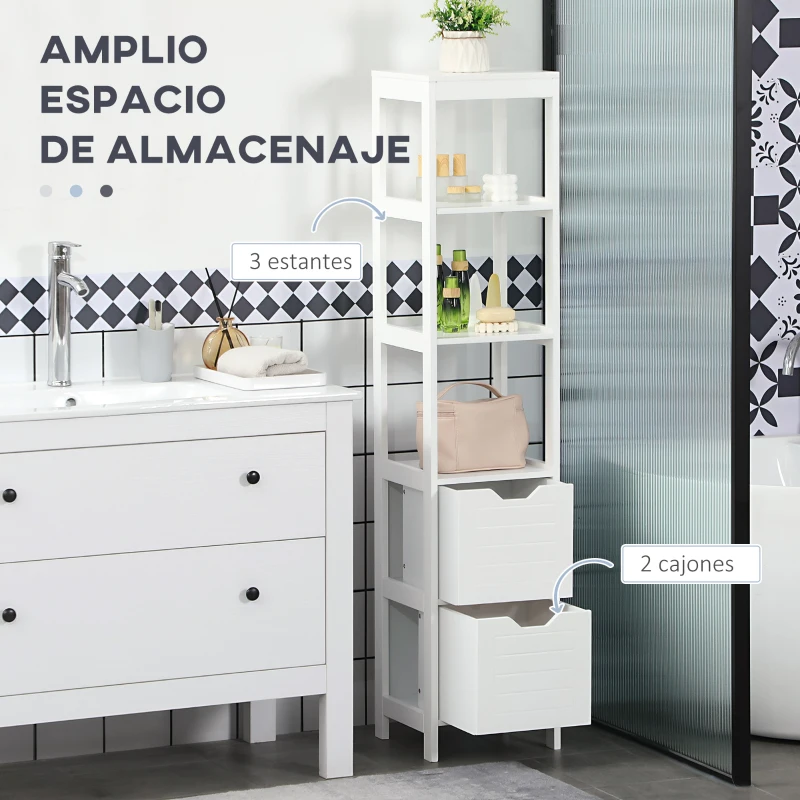kleankin Mueble Columna con 3 Estantes Abiertos y 2 Cajones de Almacenaje Diseño Antivuelco 30x30x144 cm Blanco
