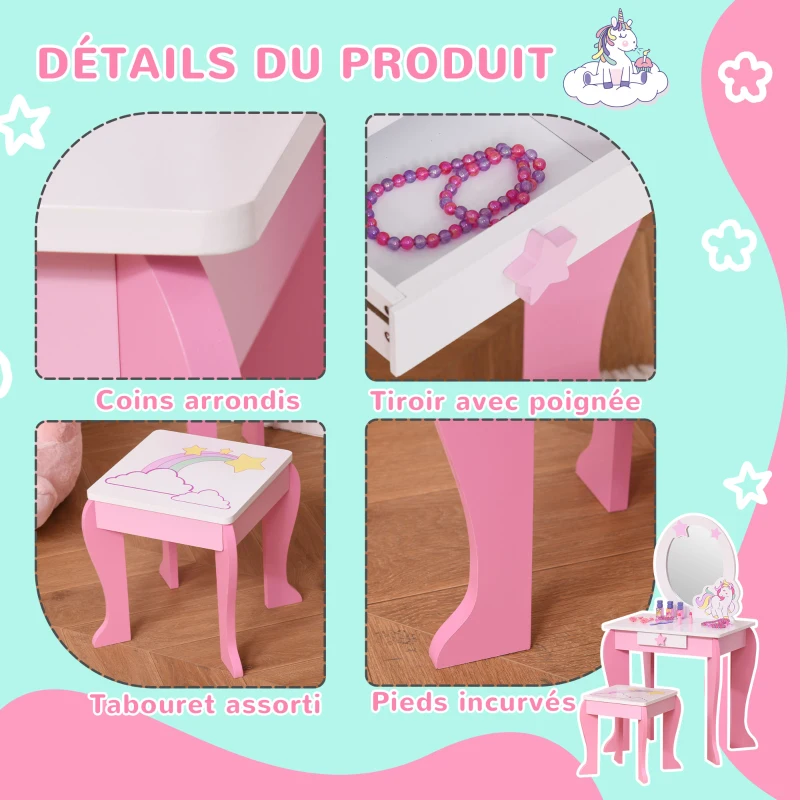 HOMCOM Coiffeuse Enfant Design Licorne - Tabouret Inclus - dim. 49L x 34l x 90H cm - tiroir, Miroir - MDF - Rose Blanc