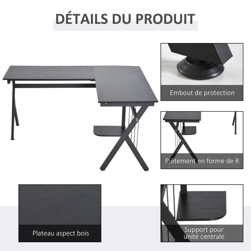 HOMCOM Bureau Informatique d'angle 155L x 130l x 76H cm Plateau en Bois Cadre en Acier Noir