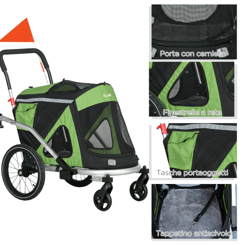 PawHut Rimorchio Bici e Passeggino per Cani 2 in 1 Pieghevole con Catarifrangenti e Bandierina, Verde