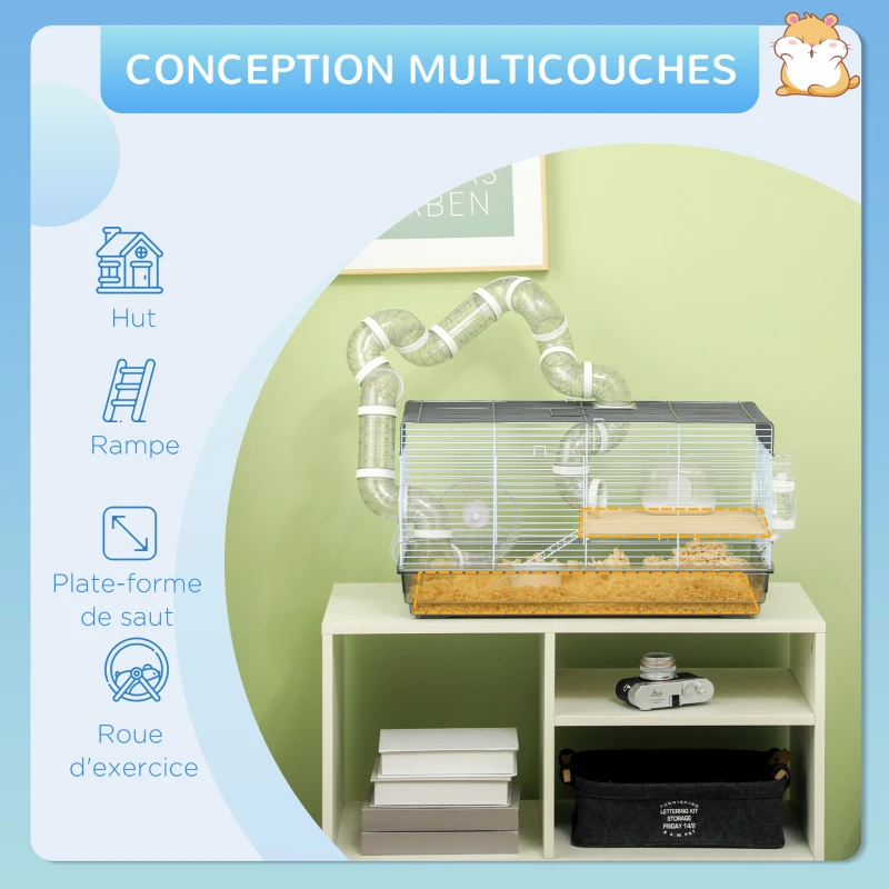 PawHut Cage hamster cage rongeur avec tunnel et accessoires inclus fil d'acier 58 x 32 x 31 cm gris
