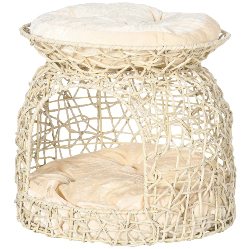PawHut Katzenhaus aus PE-Rattan, 2 Etagen, Katzenhöhle mit Kissen, 42 cm x 42 cm x 40 cm, Beige
