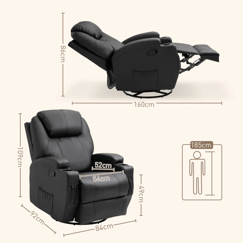 HOMCOM Massagesessel Elektrisch Relaxsessel Fernsehsessel Massagefunktion 5 Massage-Modi Liegefunktion Kunstleder Holz Metall Schaumstoff Schwarz 84 x 92 x 109 cm