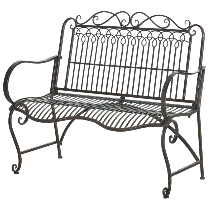 Outsunny Gartenbank 2-Sitzer Parkbank aus Metall Sitzbank bis 200 kg Bank Terrassenbank mit Rücken- & Armlehnen Gartenmöbel Metall antik Silber 110 x 60 x 97 cm