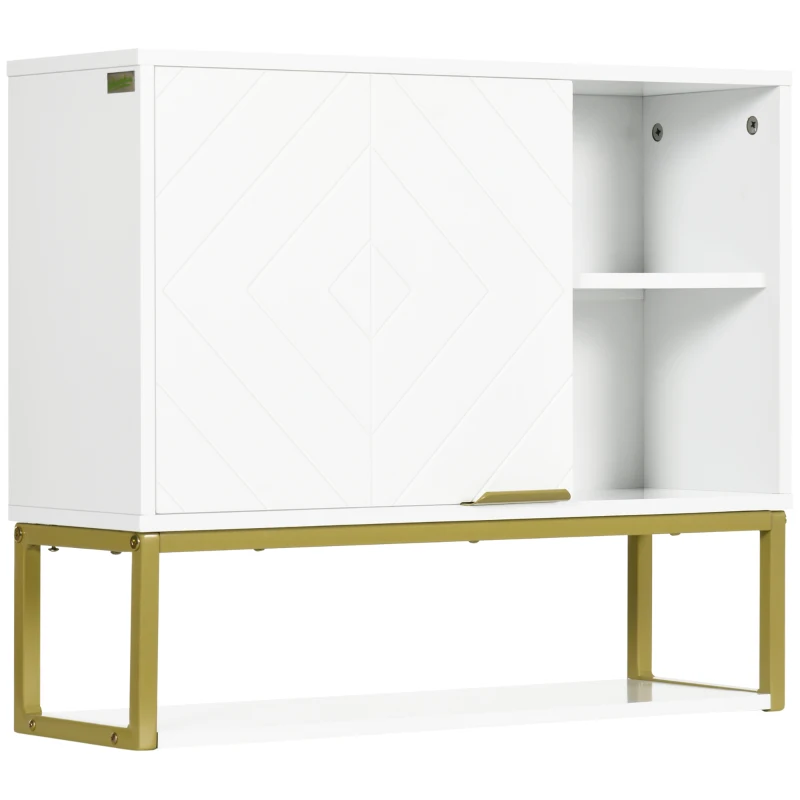 kleankin Armadietto Bagno a 2 Livelli, Montaggio a Parete con Ripiani Aperti in MDF Bianco, 60x20x51 cm