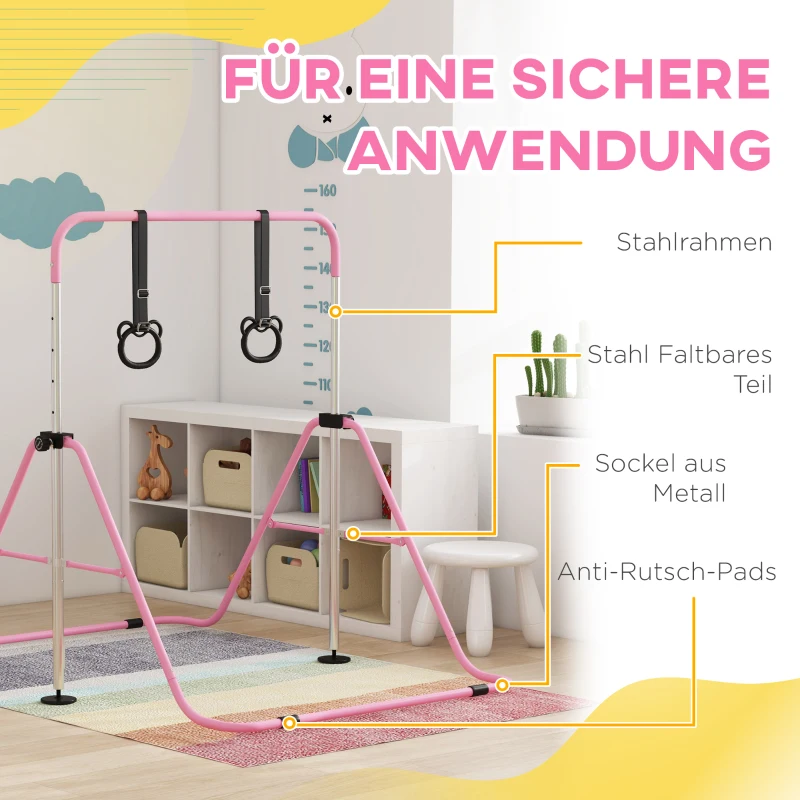 HOMCOM Kinder-Turnbarren mit Ringen, höhenverstellbar, klappbar, rutschfest, Stahlrahmen, 148x105x88-128 cm, Pink