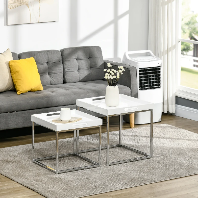 HOMCOM High Gloss Coffee Table Set of 2, Square Nest of Tables with Steel Frame for Living Room, White