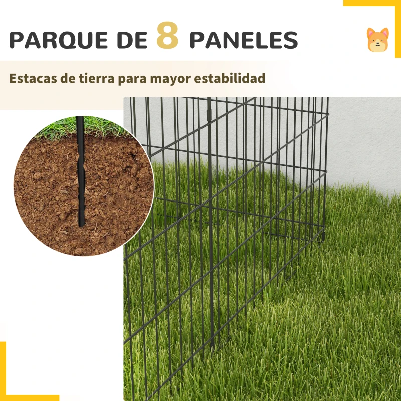 PawHut Corralito para Perros de 8 Paneles 76x61 cm Forma Personalizada con Puerta y Doble Cerradura para Jardín Patio Negro