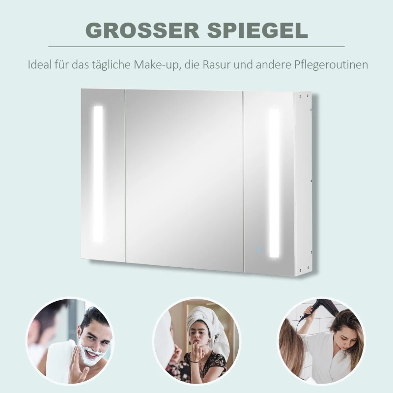 kleankin Spiegelschrank 3 Spiegeltüren LED-Lichter 90 × 15 × 65 cm Weiß