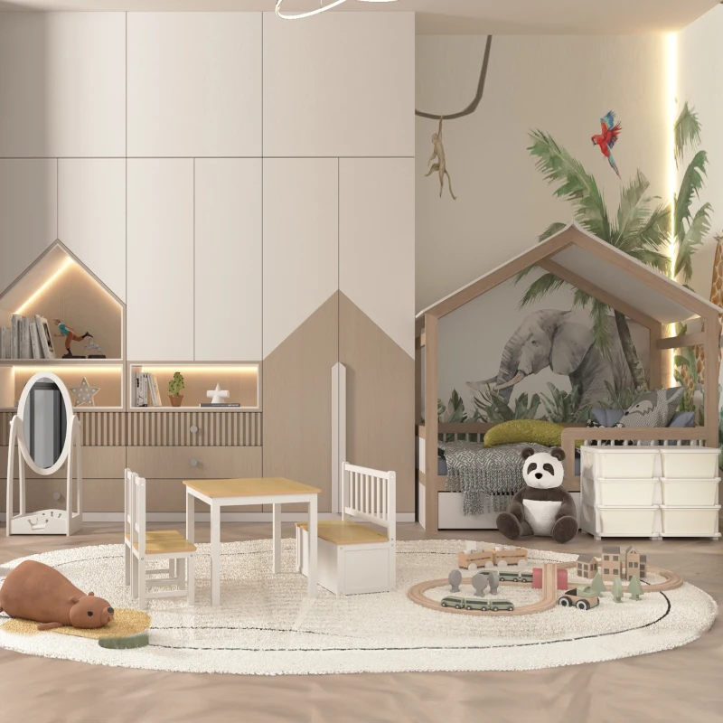 HOMCOM Mesa y Sillas Infantiles de 4 Piezas Mesa Infantil con 2 Sillas y Banco con Almacenaje Juego de Muebles para Actividades para Niños de +3 Años para Dormitorio Sala de Juegos Blanco y Natural