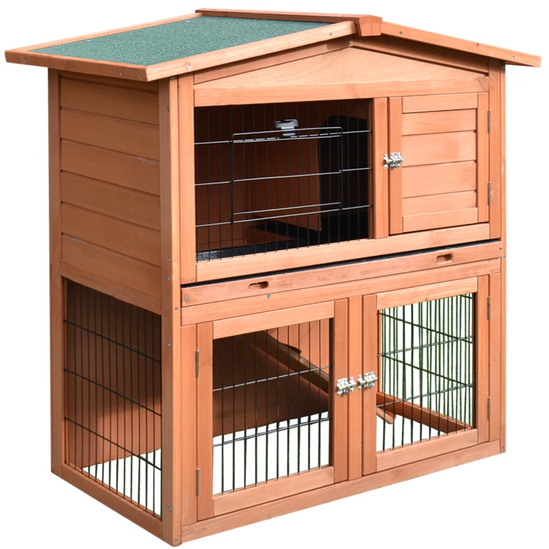 PawHut Rabbit Hutch Outdoor Guinea Pig Hutch 2-Tier Bunny Cage with No-Leak Tray 100.5 x 55 x 101 cm