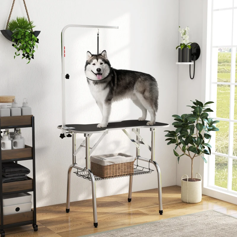 PawHut Foldable Dog Grooming Table Pet Drying Table with Adjustable Arm Non-Slip Rubber Tabletop Aluminium Alloy Edge Stainless Steel Bar Sling 94.5 x 55 x 81cm Black