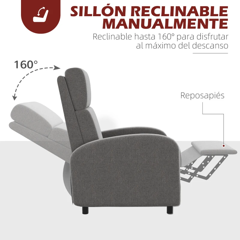 HOMCOM Sillón Relax Reclinable hasta 160° Sofá Reclinable Moderno con Reposapiés Soporta hasta 120 kg 64x86x102 cm Gris(m-5)