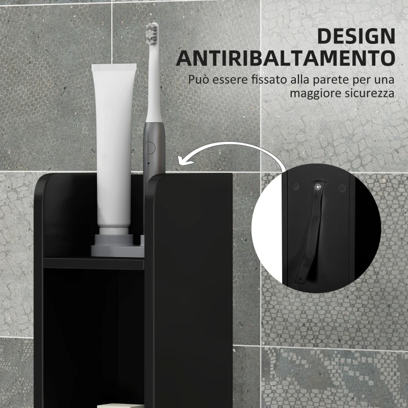 kleankin Colonna Bagno con Mensole e Armadietti, Mobile Alto Salvaspazio in Legno 15x17x120cm, Nero