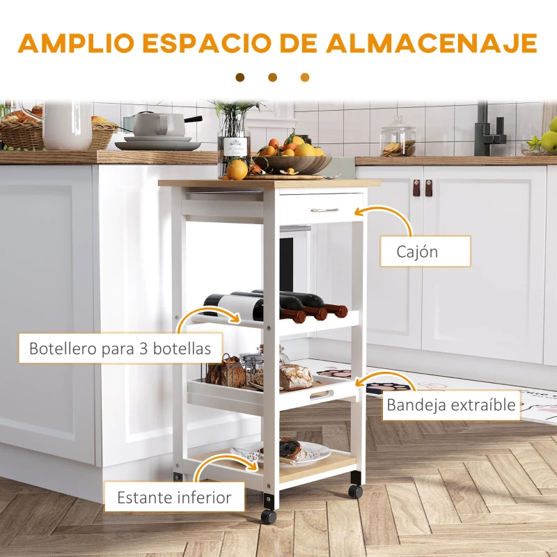 HOMCOM Carrito de Cocina Carro de Servicio Multifuncional de 4 Niveles con Ruedas Cajón Estantes y Botellero 37x37x76 cm Blanco