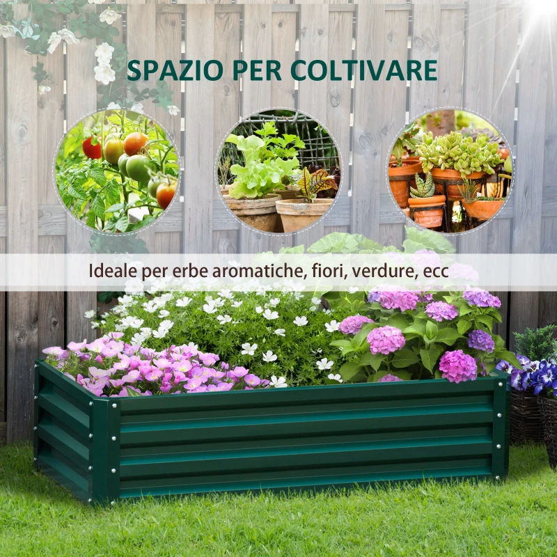 Outsunny Letto per Orto Rialzato a Fondo Aperto con Rivestimento, in Acciaio Zincato, 120x60x30.5 cm, Verde