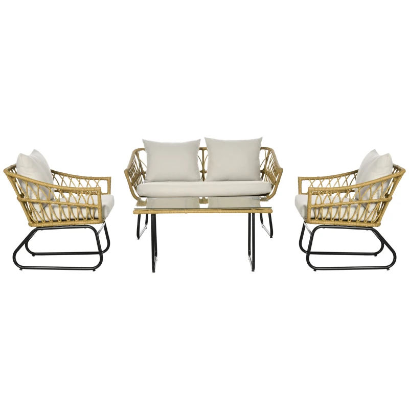 Outsunny Gartensitzgruppe, 4-tlg., Rattanoptik, rechteckiger Tisch, zwei Stühle, Zweisitzer, mit Sitzkissen, Sandfarbe